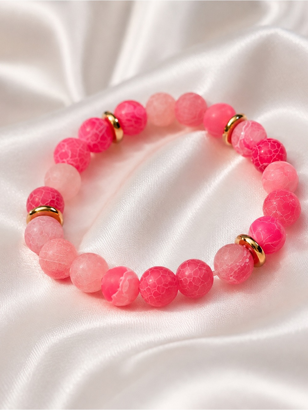 Pink Agate Stretch Bracelet with Gold Accent Rings